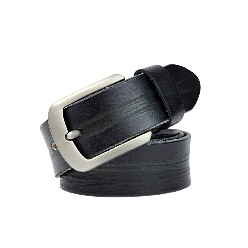 Luxury black leather men's belt with a stylish silver buckle, perfect for casual jeans outfits.
