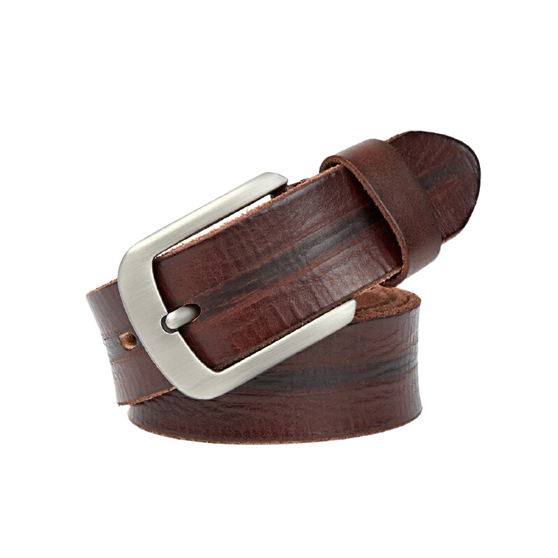 Luxury leather men's belt in dark brown with silver buckle, perfect casual accessory for jeans and vintage style.