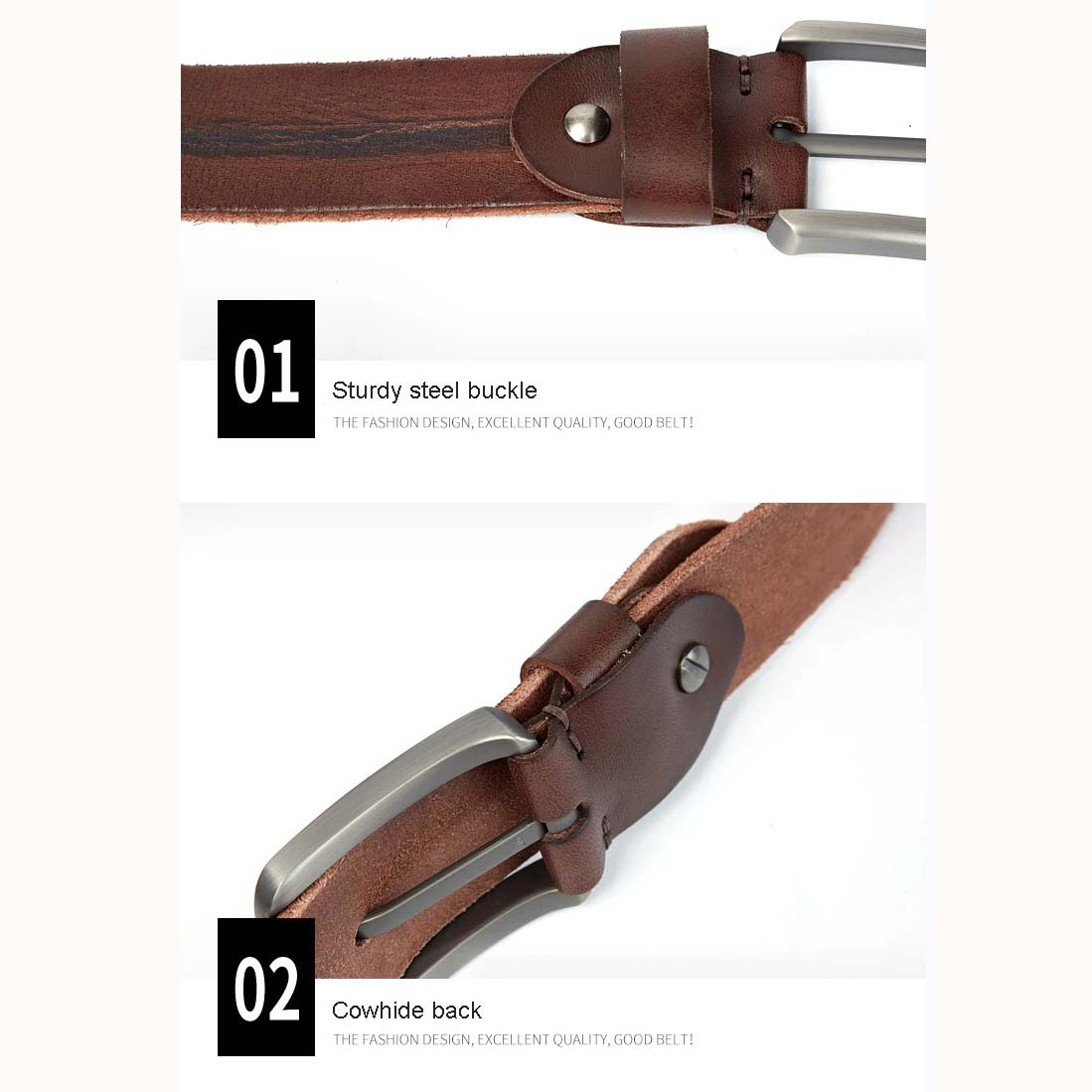 Close-up of a luxury leather men's belt showcasing a sturdy steel buckle and cowhide back for durability.