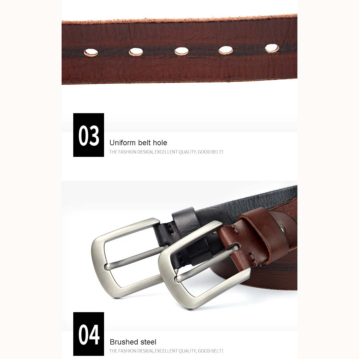 Detail of luxury leather men's belt showcasing uniform holes and brushed steel buckle for style and durability.