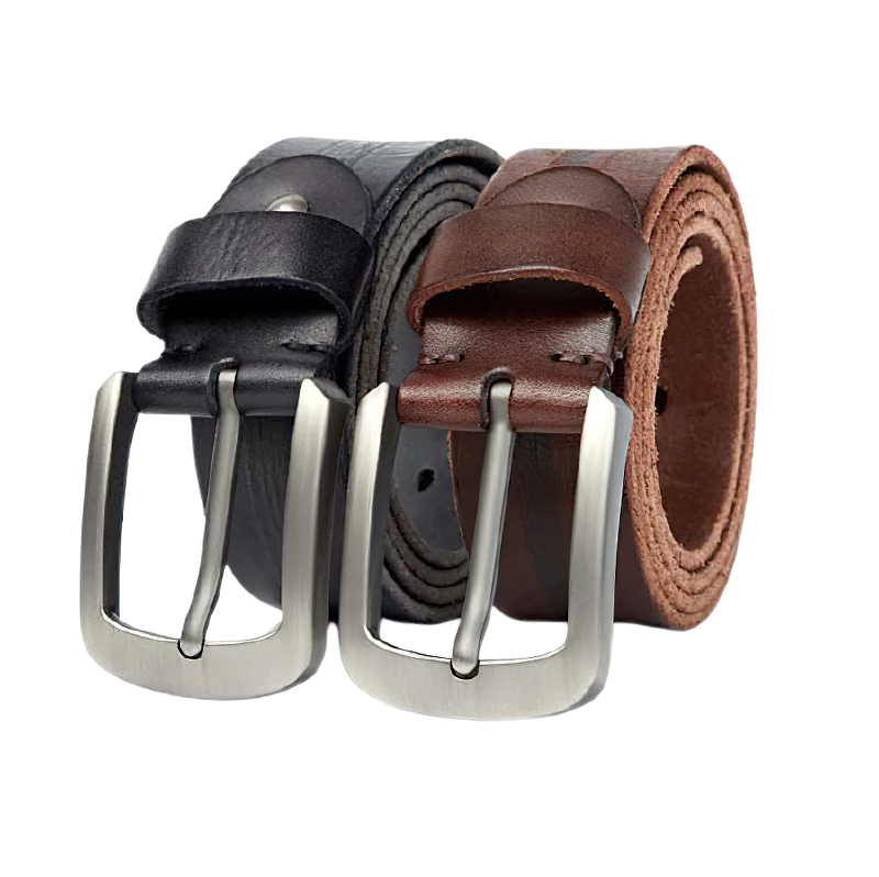 Luxury leather men's belts in black and brown with stylish silver buckles, perfect for casual wear with jeans.