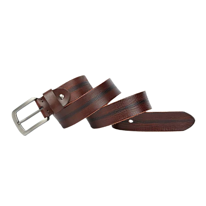 Luxury leather men's belt in brown with stylish silver buckle, perfect for casual jeans and vintage looks.