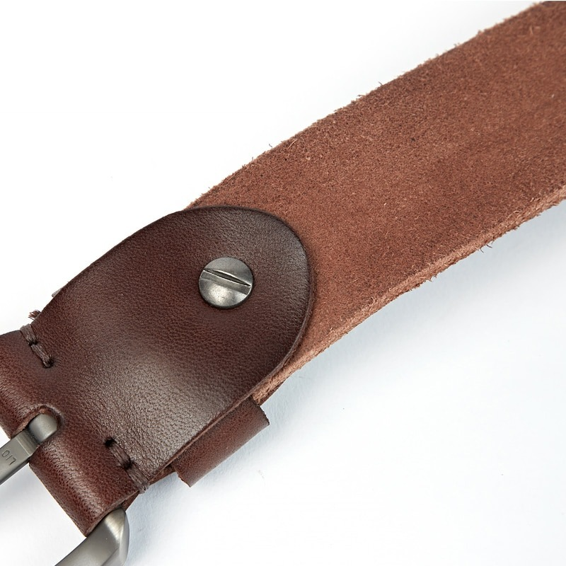 Close-up of a luxury leather men's belt with a silver buckle and soft suede finish, perfect for casual wear.