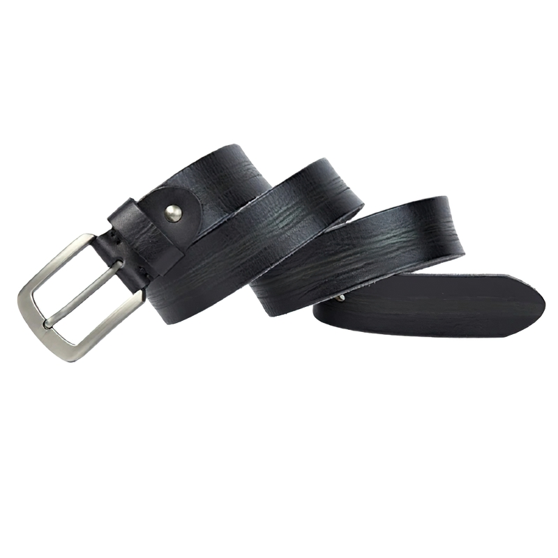 Luxury black leather men's belt with silver buckle, perfect for casual jeans outfits.