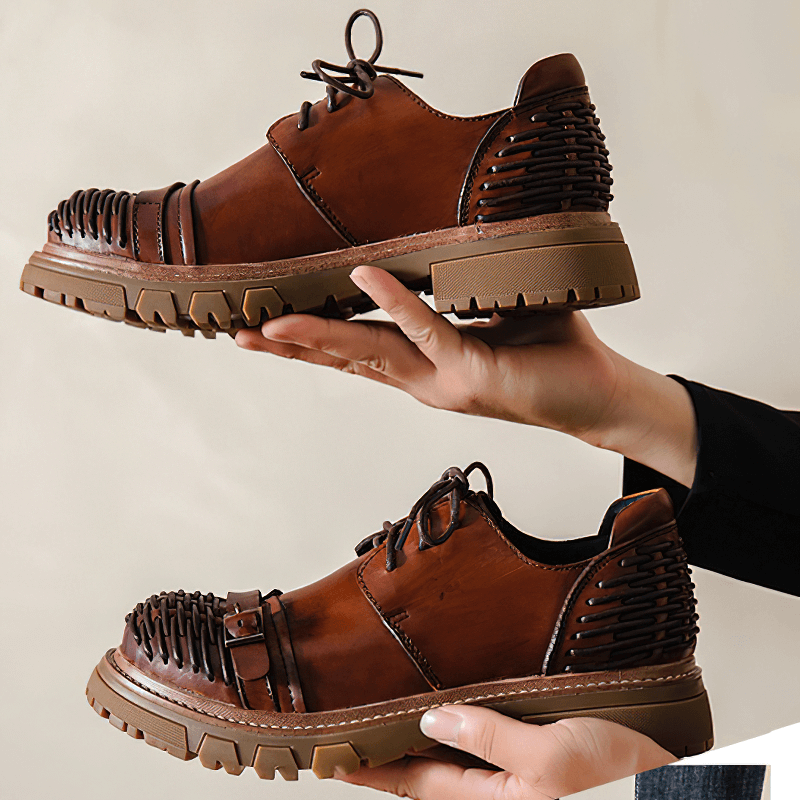 Luxury men's genuine leather casual lace-up platform shoes in brown, showcasing stylish design and comfortable soles.