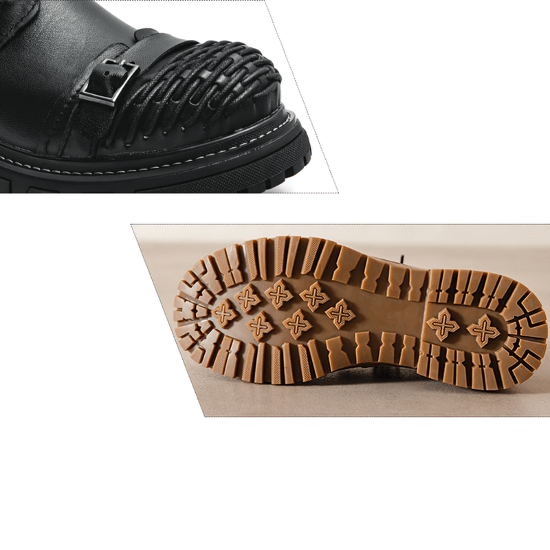 Close-up of luxury men's genuine leather work boots showcasing textured upper and durable sole design.