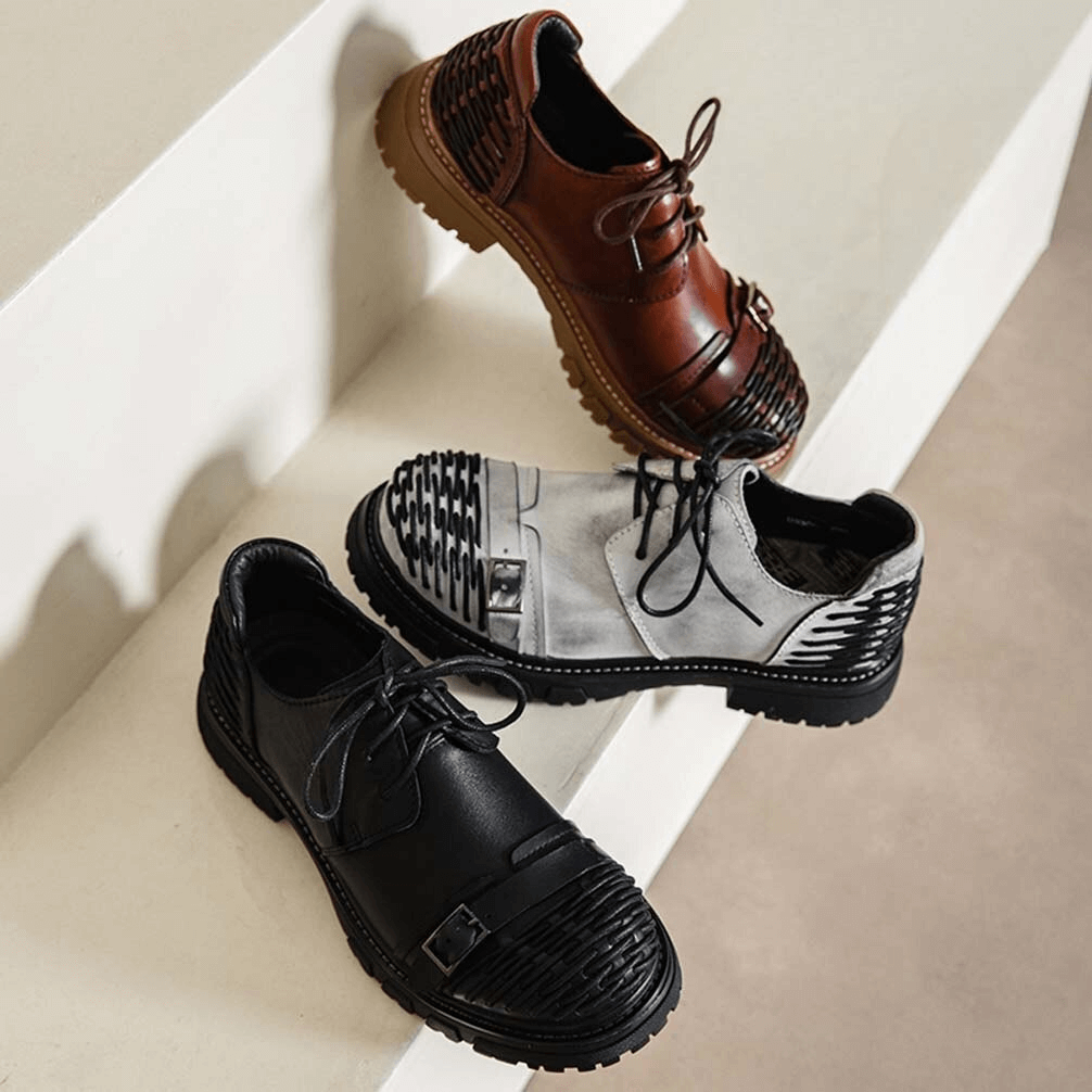 Stylish men's genuine leather platform shoes in brown, gray, and black, perfect for casual outfits and driving.