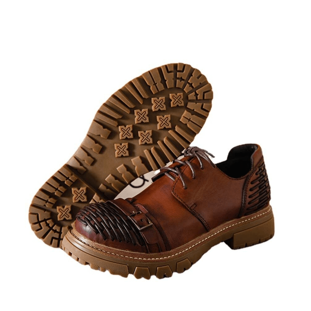 Fashionable men's genuine leather casual lace-up platform shoes with unique sole design.