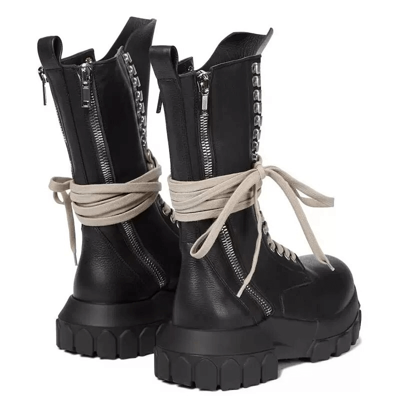 Luxury men's lace-up thick sole motorcycle boots with retro zipper design and stylish lace-up detail.