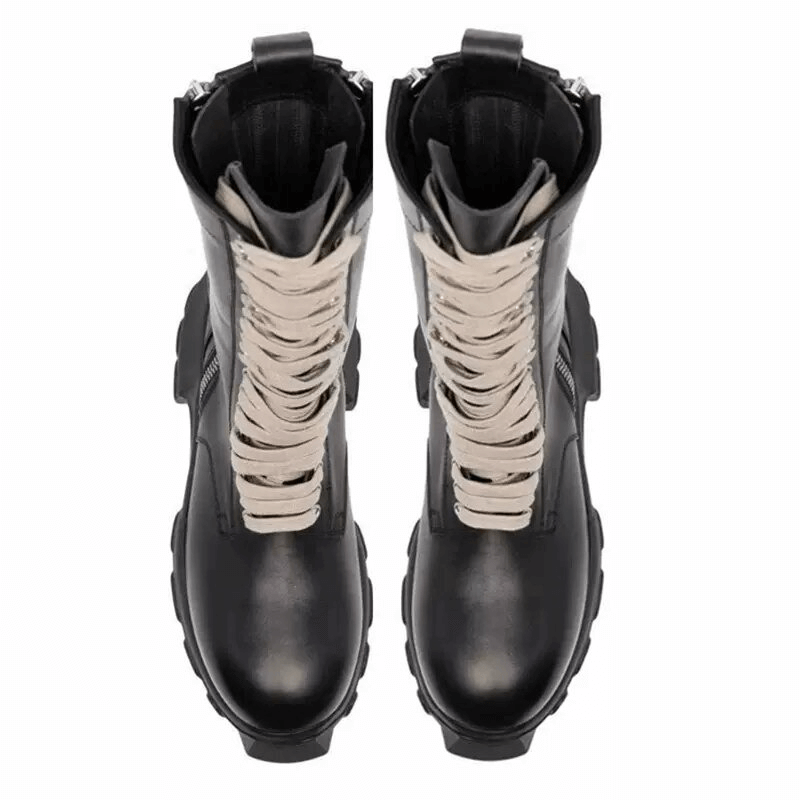 Top view of luxury men's lace up thick sole motorcycle boots with retro design and stylish laces.