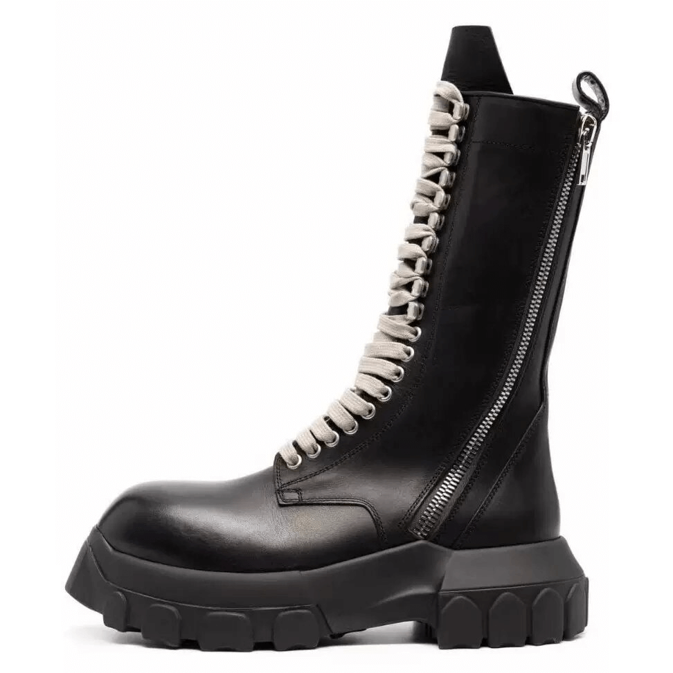 Luxury men's thick sole retro motorcycle boots with lace-up detail and side zipper in sleek black leather.