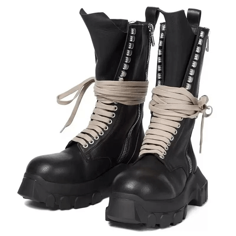 Luxury men's lace up thick sole motorcycle boots with retro design and stylish zipper detail.