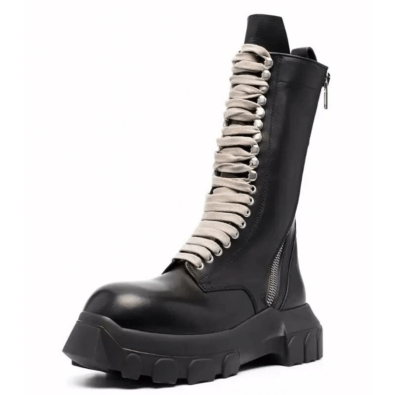 Luxury men's thick sole lace-up motorcycle boots with retro design and stylish zipper.