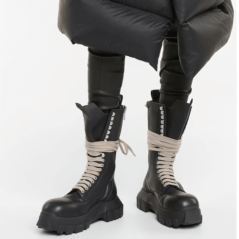 Men's thick sole retro motorcycle boots with lace-up design and stylish zipper detail.