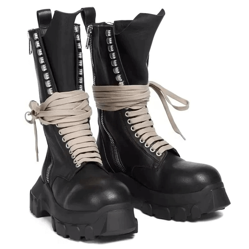Luxury men's thick sole retro motorcycle boots with lace-up front and stylish zipper design.
