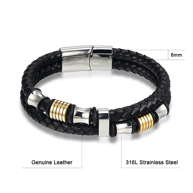 Luxury Men's Bracelet / Genuine Leather and Stainless Steel Combination Bracelet - HARD'N'HEAVY