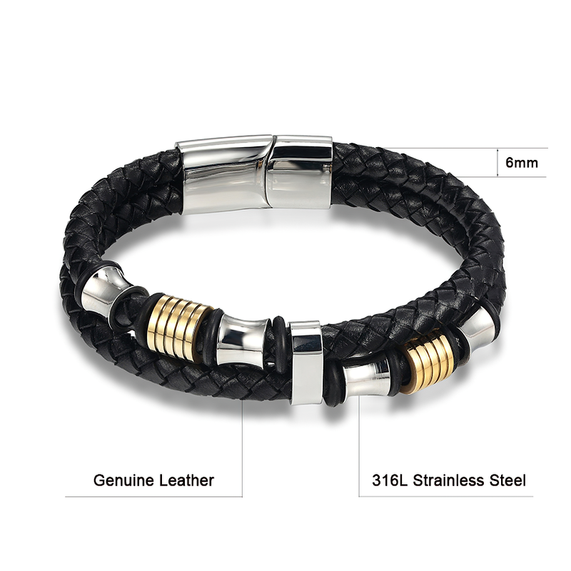 Luxury men's bracelet made of genuine leather and stainless steel, trendy rope chain design, perfect for rock and casual outfits.