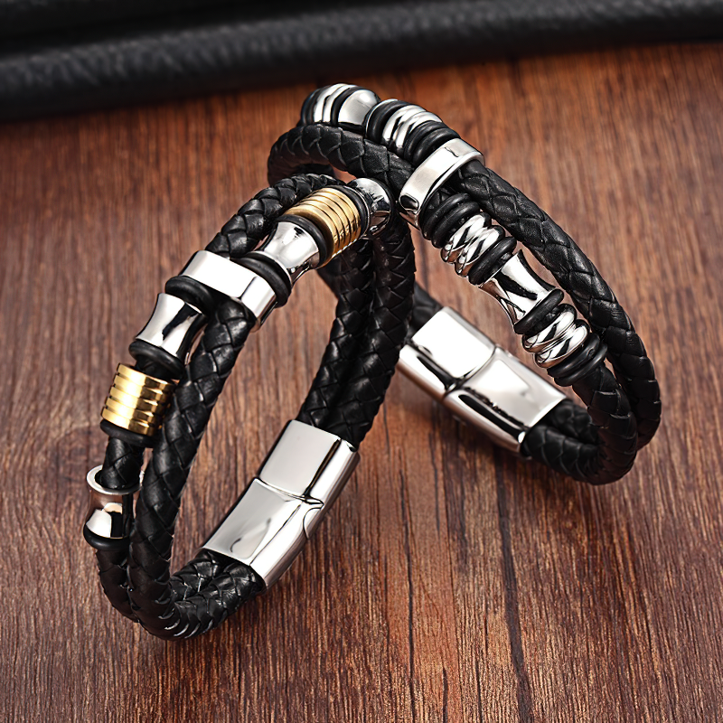 Luxury men's bracelet featuring genuine leather and stainless steel, perfect for rock and casual outfits.