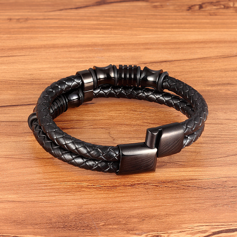 Luxury Men's Bracelet / Genuine Leather and Stainless Steel Combination Bracelet - HARD'N'HEAVY