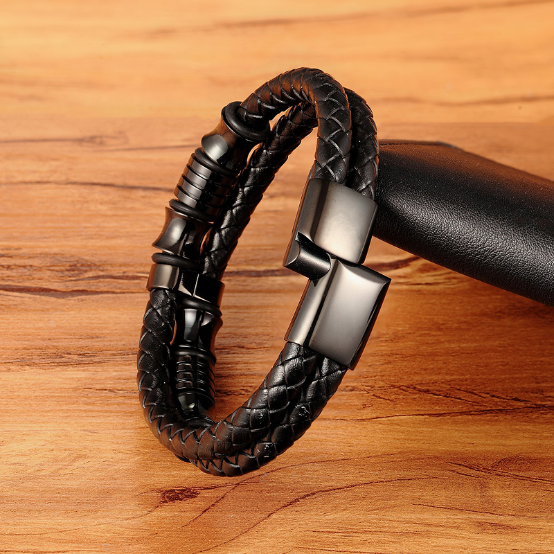 Luxury men's bracelet made of genuine leather and stainless steel, perfect for trendy rock style or casual outfits.