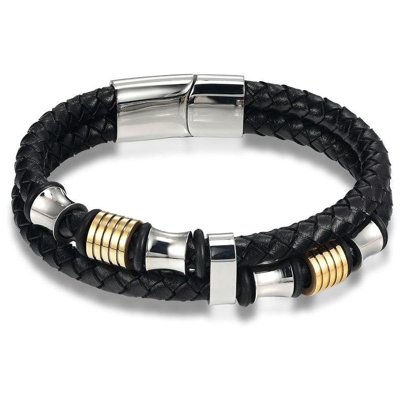 Luxury men's bracelet made of genuine leather and stainless steel, featuring a trendy braided design and stylish gold accents.