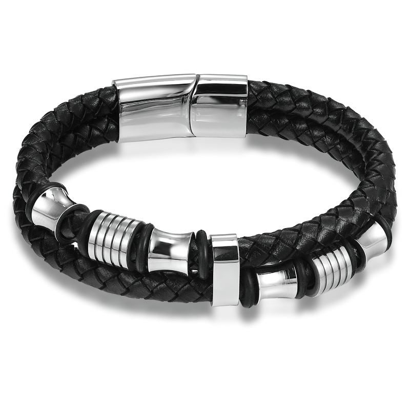 Luxury men's bracelet made of genuine leather and stainless steel, trendy fashion accessory for casual and rock style outfits.