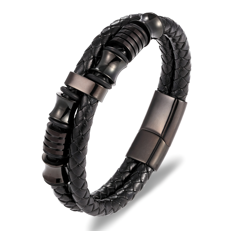 Luxury men's bracelet crafted from genuine leather and stainless steel, perfect for trendy and casual outfits.