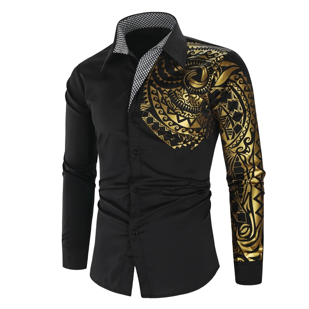 Luxury men's long sleeve shirt with elegant gold print on black fabric, perfect for casual or upscale occasions.