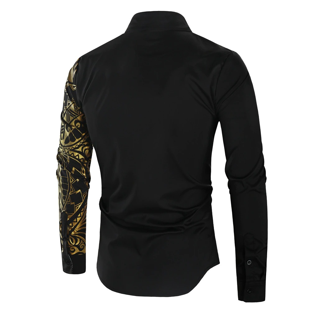 Luxury men's shirt with striking gold print on sleeve, stylish and comfortable for casual occasions.