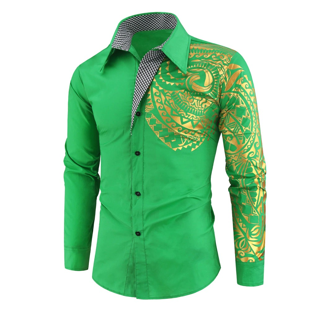 Luxury men's green shirt with gold print, slim fit long sleeve, perfect for casual style.