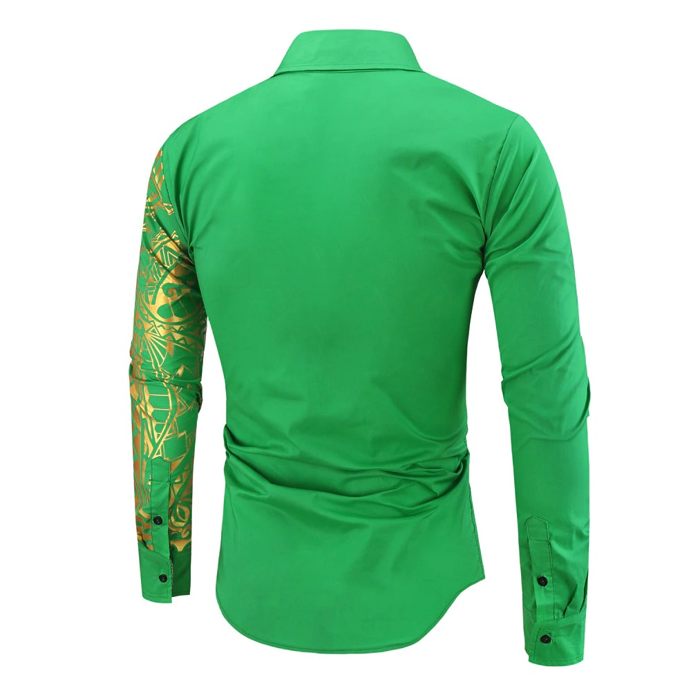 Luxury men's green shirt with gold print details, showcasing a stylish slim fit and breathable fabric for casual wear.