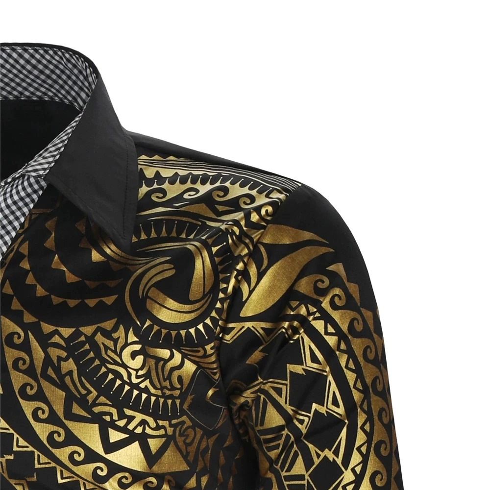 Stylish luxury men's shirt with eye-catching gold print design and modern collar, perfect for casual wear.