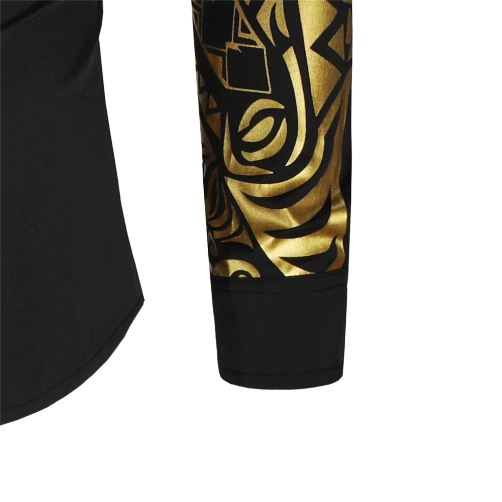 Close-up of luxury men's shirt sleeve with elegant gold print design on breathable fabric.