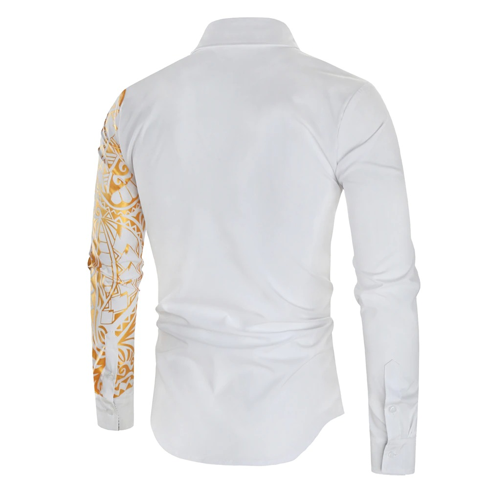 Back view of luxury men's slim fit shirt with elegant gold print on sleeve, perfect for casual wear.