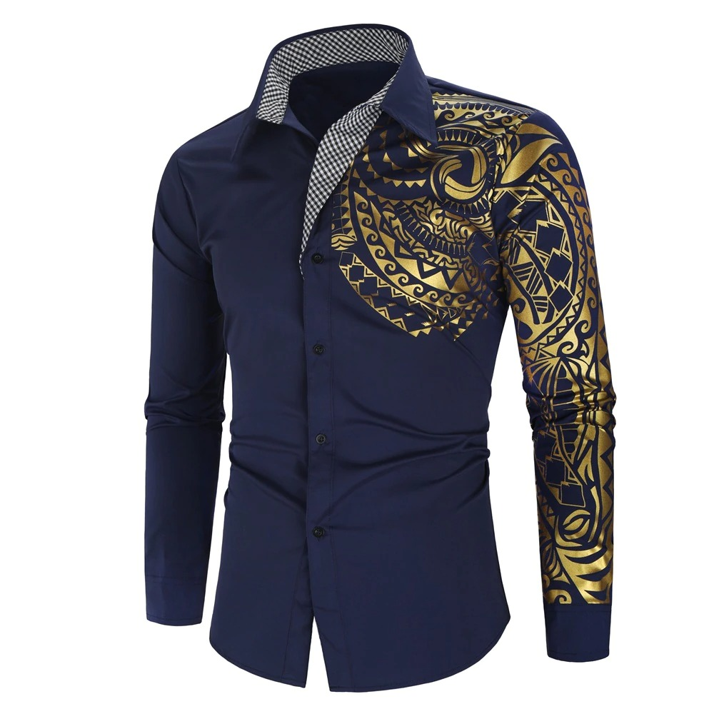 Luxury men's shirt with gold print, casual and stylish, perfect for a slim fit look.