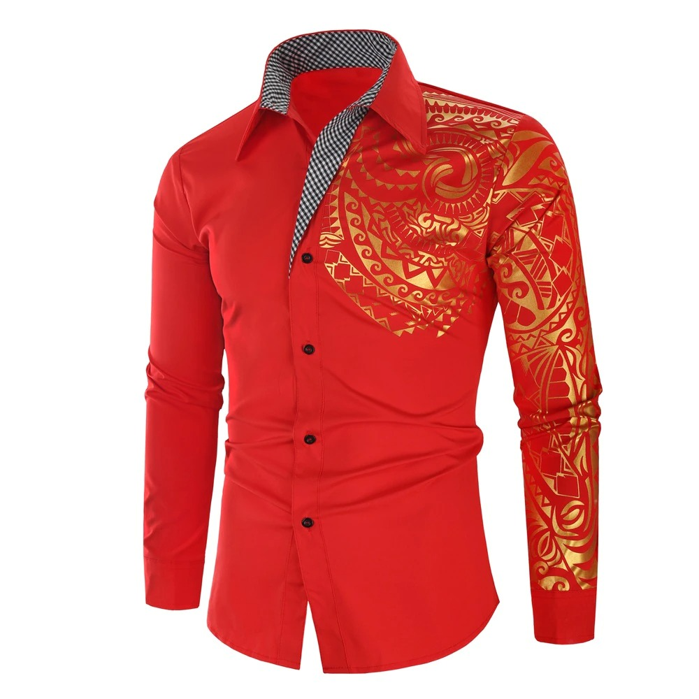 Luxury men's red shirt with gold print, fashionable slim fit long sleeves, perfect for casual occasions.