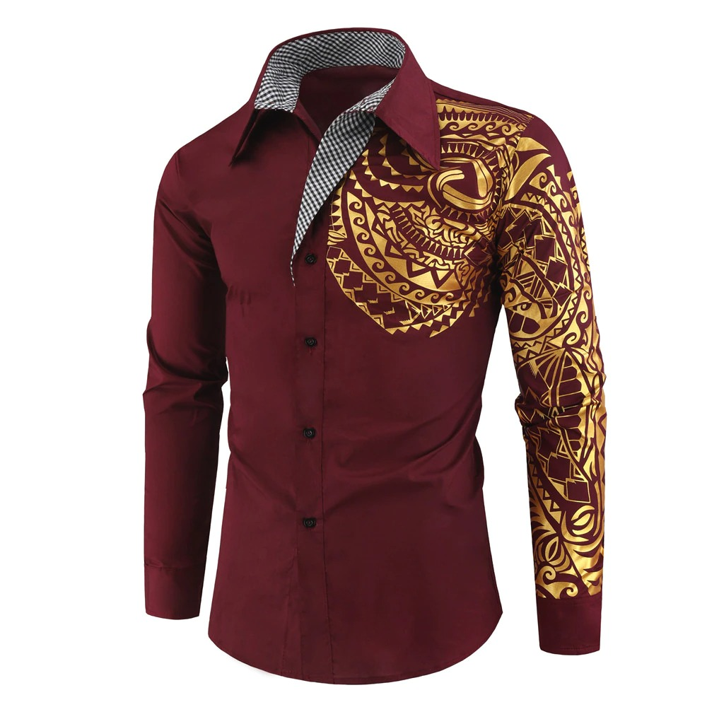 Luxury men's shirt with gold print, maroon, slim fit, long sleeve, stylish casual wear for men.
