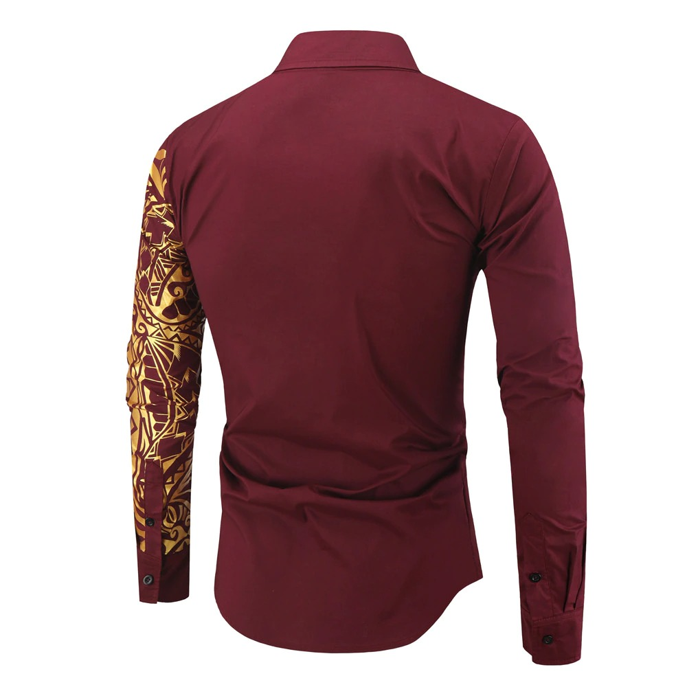 Luxury men's casual shirt in burgundy with elegant gold print on sleeves, perfect for stylish and comfortable wear.