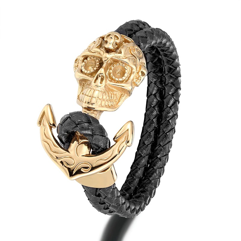 Luxury men's skull anchor bracelet with a black leather band and a gold skull lock, perfect for punk style.