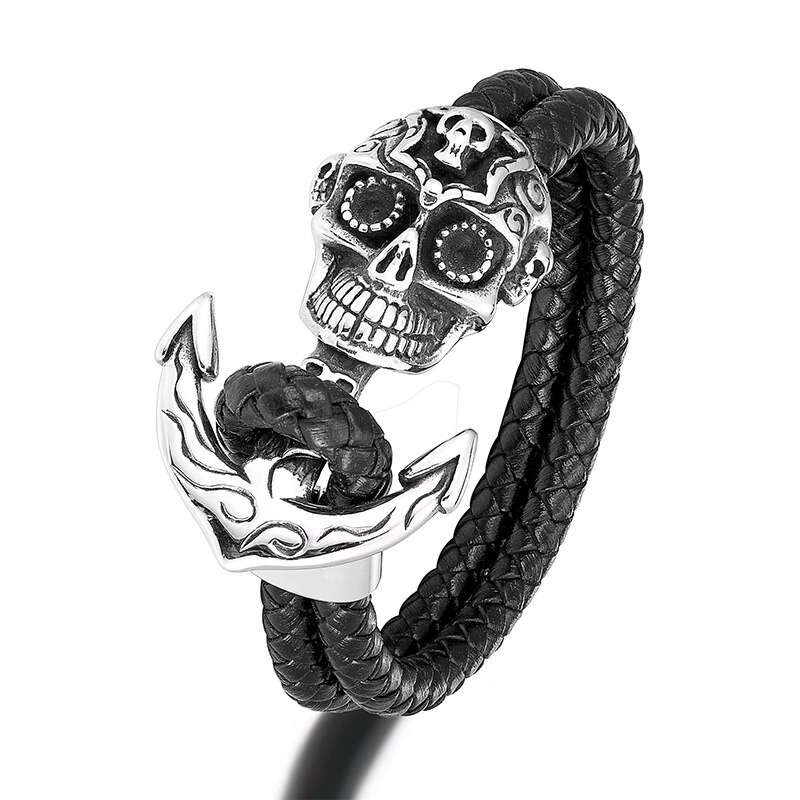 Luxury men's skull anchor bracelet in punk style, featuring a detailed skull and anchor lock on braided leather.