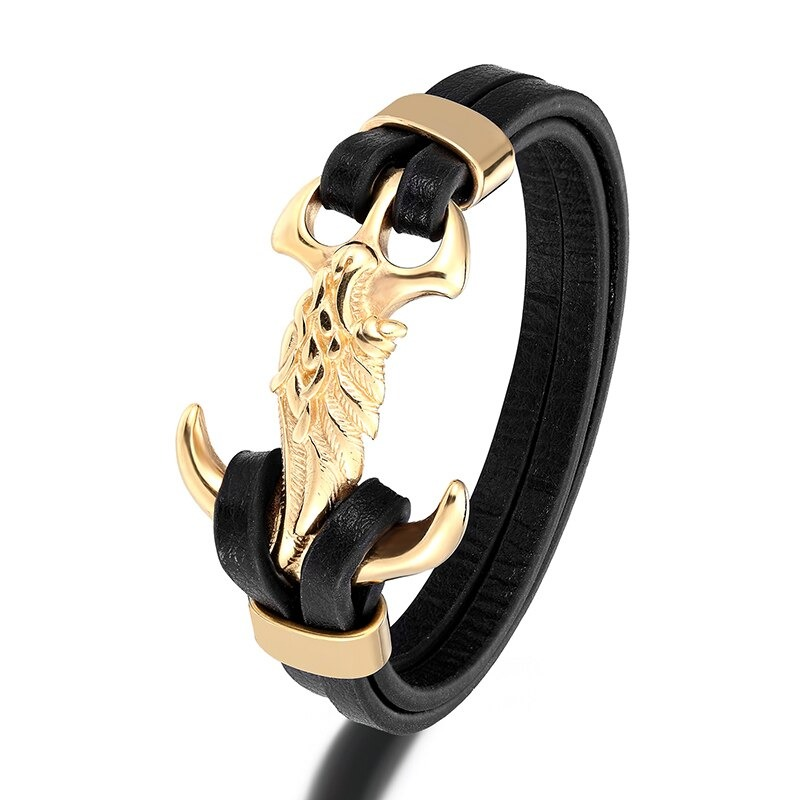 Punk style men's bracelet featuring a unique wing design and leather band for a bold fashion statement.