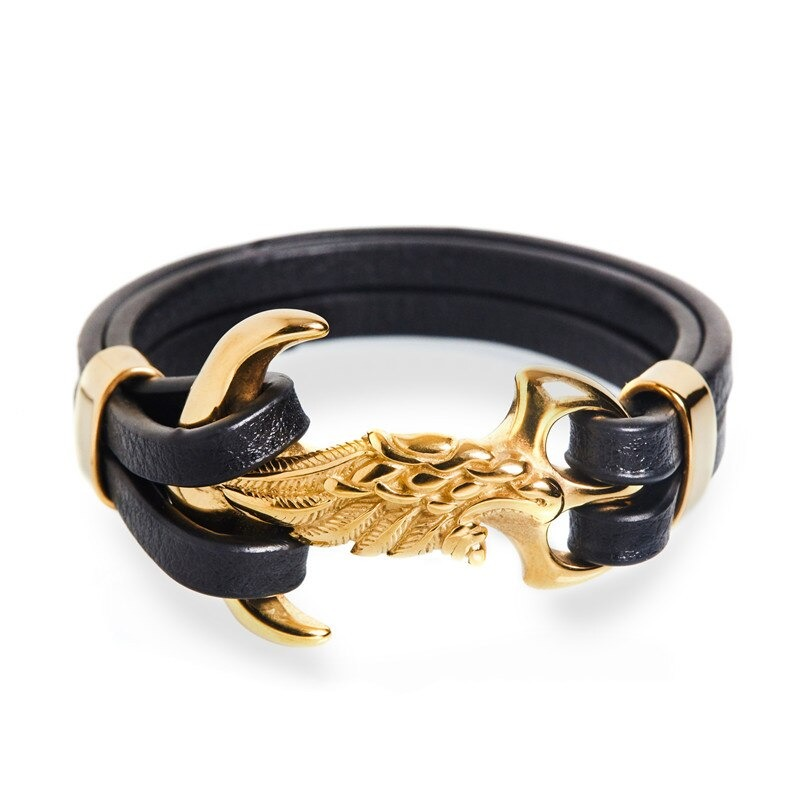 Stylish punk men's bracelet featuring a unique wing lock and black leather band, perfect for fashion-forward individuals.