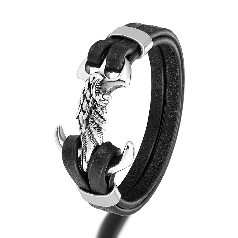 Luxury men's punk bracelet with wing design, featuring a stylish leather band and anchor-inspired accents.