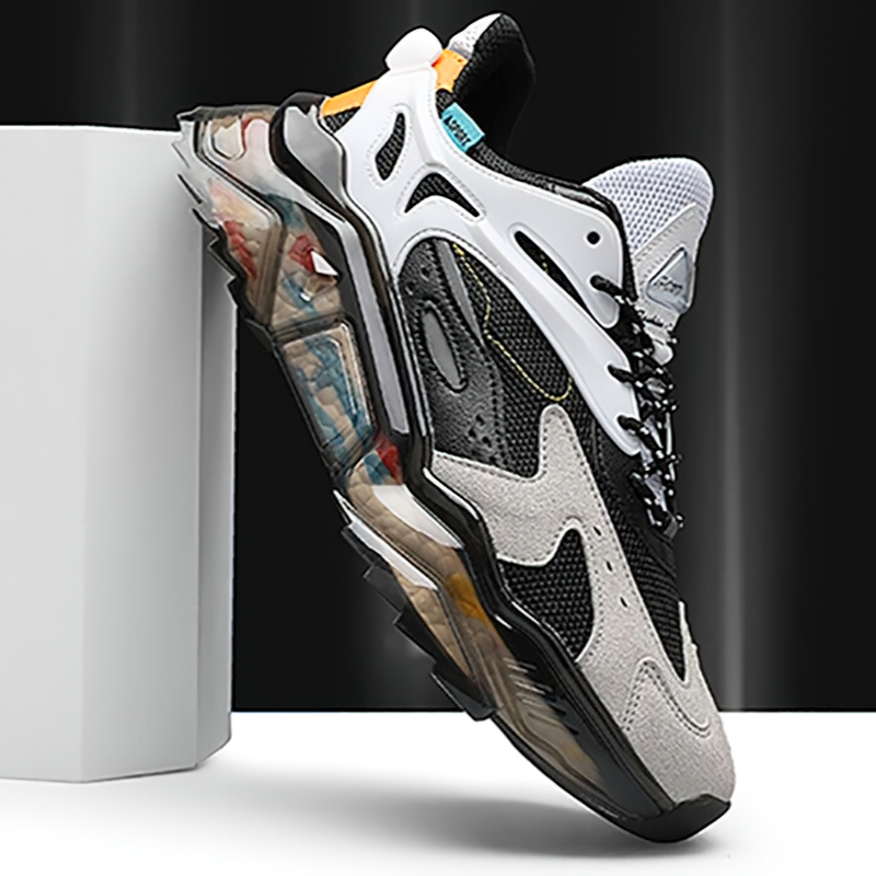 Luxury mesh breathable running sneakers in black and gray with stylish rubber sole, perfect for long walks.