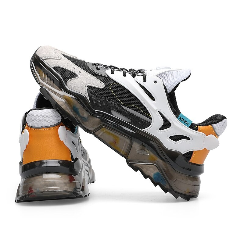 Luxury mesh breathable running sneakers in black and orange, featuring a stylish design and non-slip rubber sole.