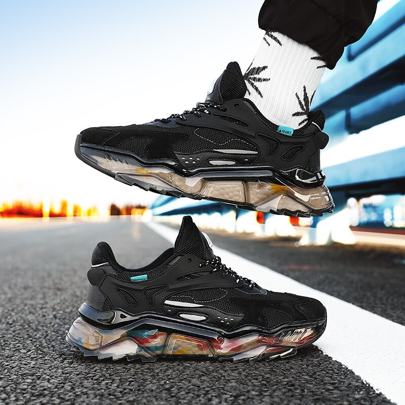 Luxury breathable running sneakers in sleek black design with stylish rubber sole for optimal comfort.