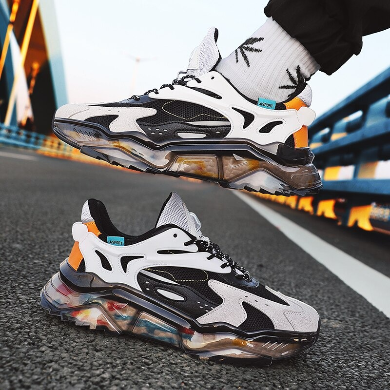 Luxury breathable running sneakers with stylish design on road, featuring durable rubber sole and trendy color combo.