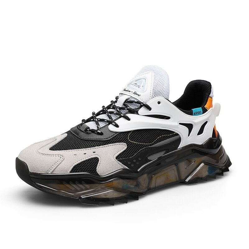 Men's luxury breathable running sneakers in black, white, and gray with a stylish design and non-slip sole.