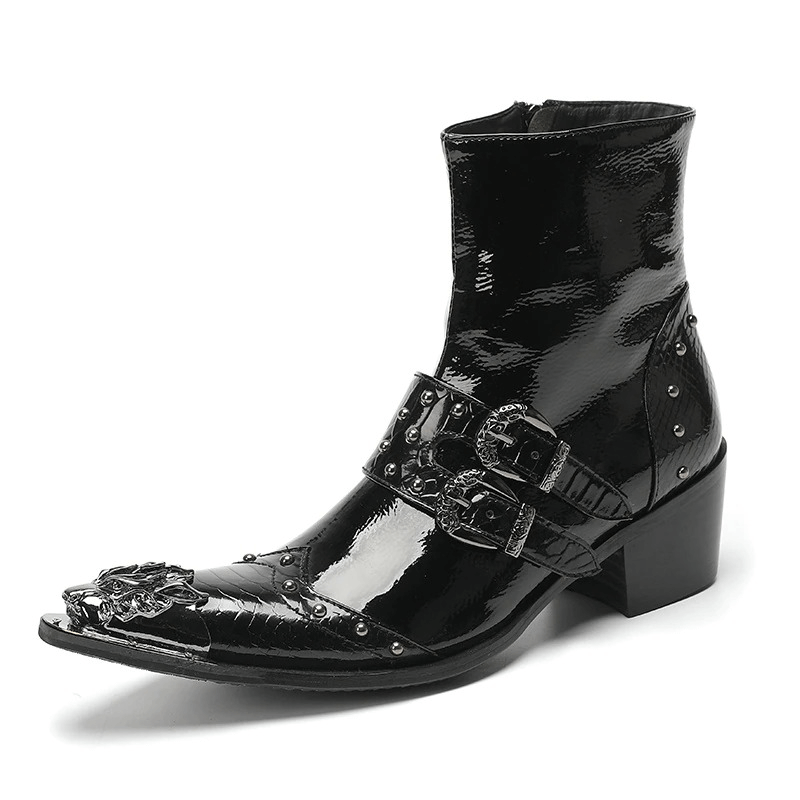 Luxury Metal Pointed Toe Ankle Boots with Buckles / Patent Leather High Heel Short Boots