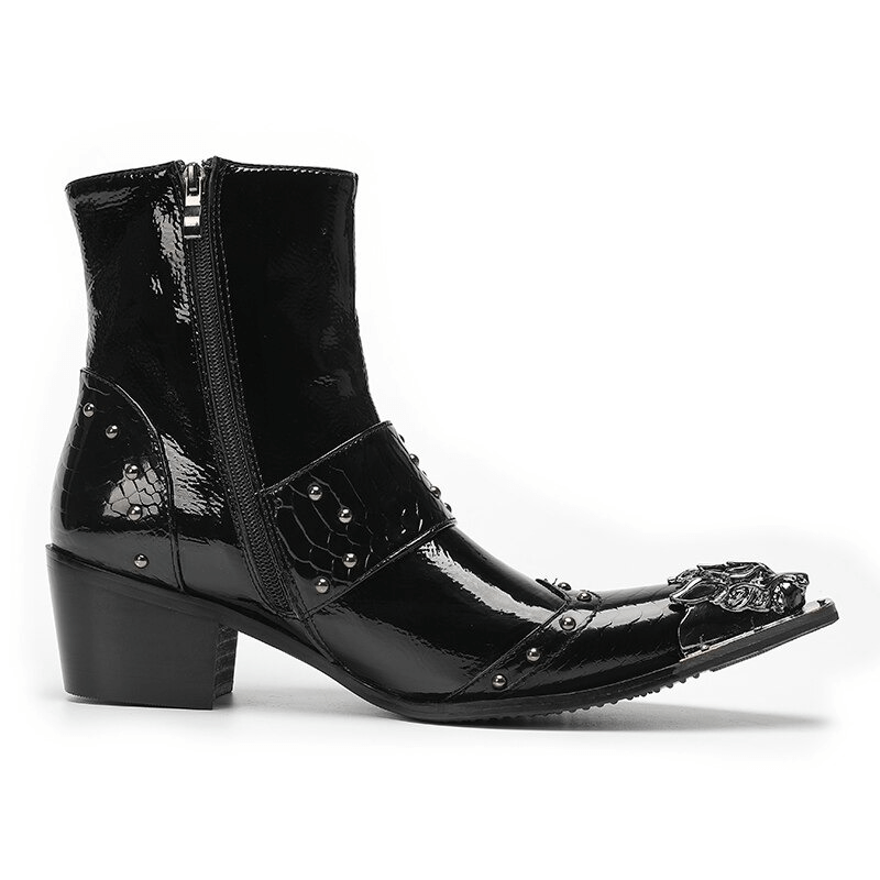 Luxury Metal Pointed Toe Ankle Boots with Buckles / Patent Leather High Heel Short Boots